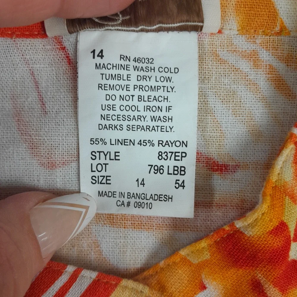 Vintage Company Collection Linen Blend Jacket Womens 14 Orange Abstract Floral